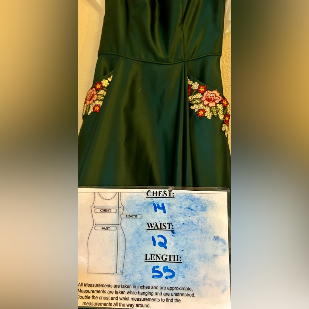 Blondie Nites Satin Dress 3 Floral Pockets Double Strap Gown Green Davids Bridal - Picture 13 of 16